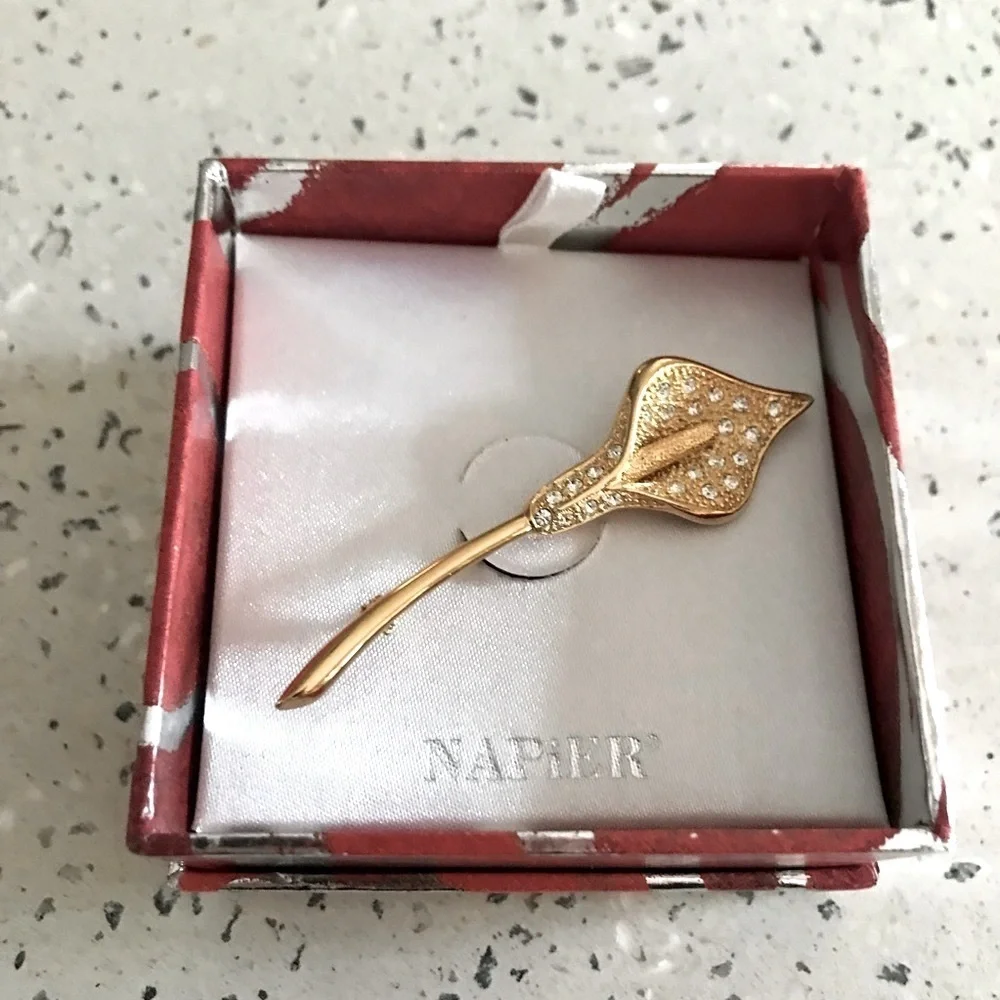 Napier Gold-Tone Calla Lily Flower Brooch, Pave Set Rhinestones in …